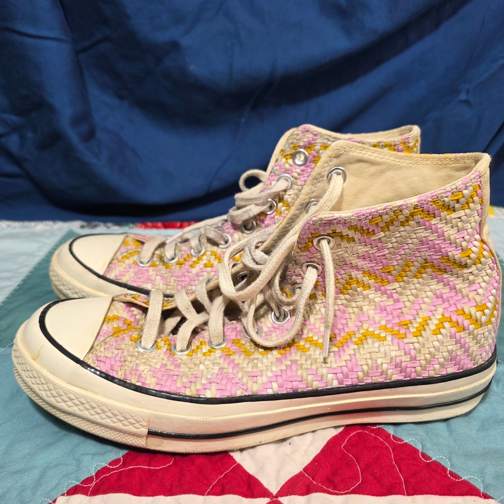 Converse Chuck 70 High Top Sneakers Womens 9 Mens 7 Pink Yellow Woven Chevron - Picture 3 of 10